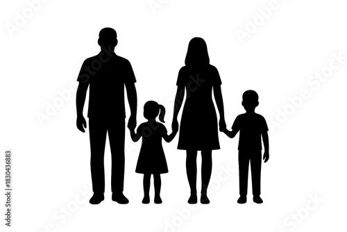 Black silhouette of a traditional family unit standing together holding hands on white background