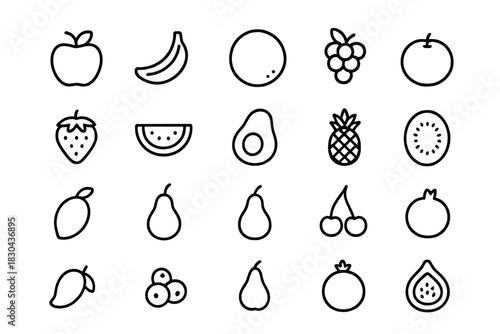 Minimalist black outline icons set representing a variety of fresh fruits and healthy food