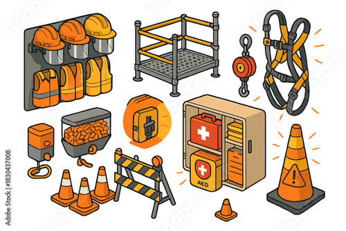 Essential construction site safety equipment and personal protective gear in isometric view