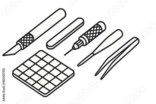 Precision crafting tools set including scalpel, tweezers, and cutting mat in isometric view