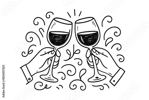 A pair of hands holding wine glasses clinking together during a celebratory toast