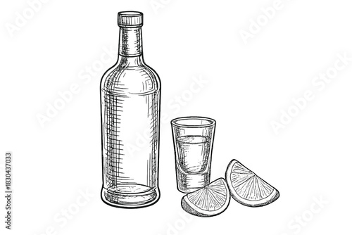 Monochrome hand-drawn of a liquor bottle, shot glass, and lime wedges
