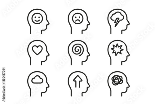 Profile silhouettes of human heads with symbols representing psychological states