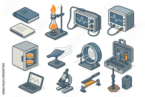 Isometric icons representing laboratory instruments, research tools, and scientific apparatus