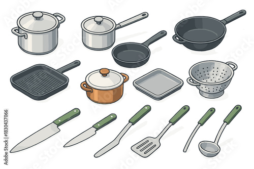 Set of essential cooking equipment and utensils for home kitchen preparation