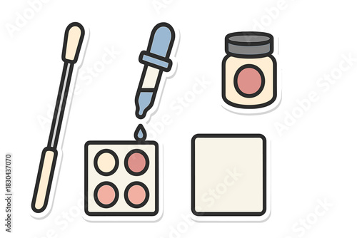 Scientific and cosmetic testing instruments collection: cotton swab, pipette, sample container, and well plate