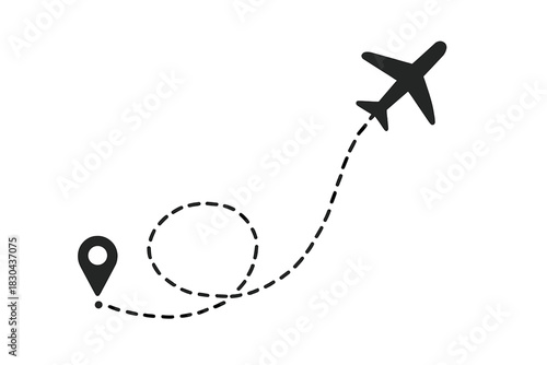 Airplane flight path route tracking starting from a map location pin marker