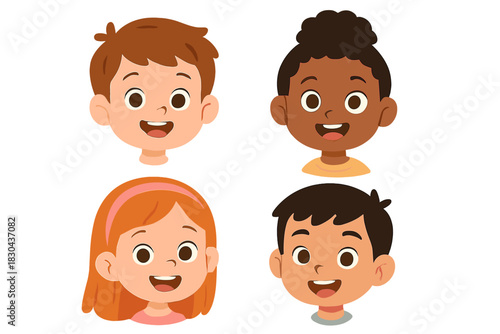 Four diverse young children portraits showing happy and cheerful facial expressions