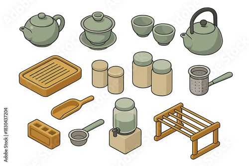 Traditional tea ceremony set with teapots cups tray and storage containers