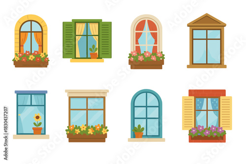 Set of colorful cartoon featuring flower boxes and open or closed shutters