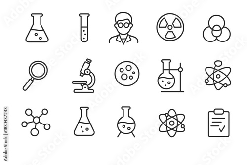 Outline icons set for scientific research chemistry physics and laboratory equipment