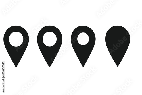 Set of four black map pointer icons showing different styles for location tracking and GPS navigation