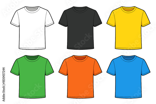 Set of blank short sleeve t-shirts in various colors: white, black, yellow, green, orange, blue