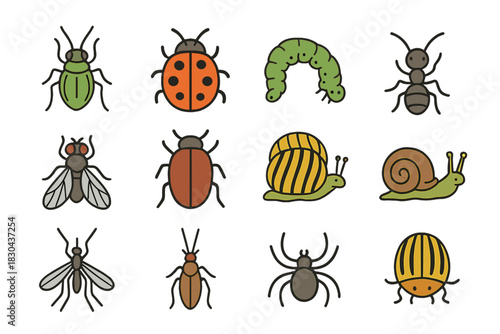 Colorful outline collection of common insects, bugs, and garden creatures