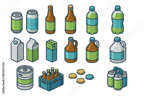 Isometric set of various beverage packaging containers including bottles cans cartons and kegs