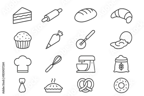 Outline icons of baking tools, kitchen equipment, and various sweet and savory baked goods