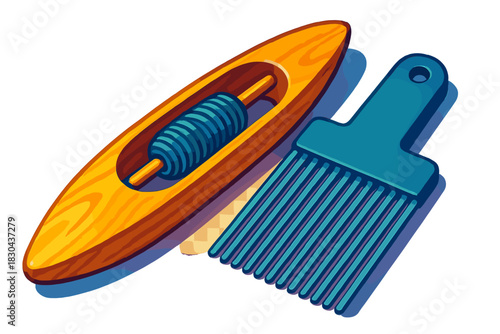 Traditional wooden weaving shuttle, blue yarn bobbin, and textile comb tool
