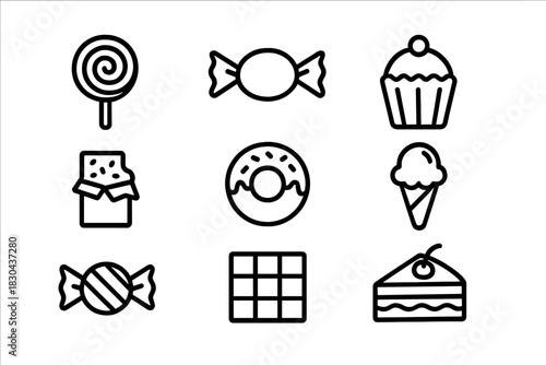 Simple outline drawings of popular confectionery, desserts, and sugary snacks