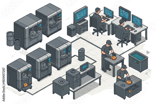 Additive manufacturing workflow with 3D printing machines, design engineers, and post-processing workers in a modern facility