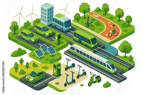 Sustainable urban transportation system with electric vehicles, public transit, and renewable energy sources