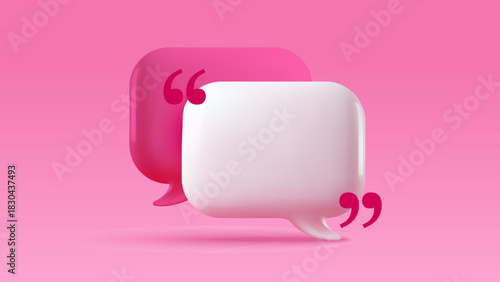 Glossy 3D style quote bubbles. Special offer symbol. Message box for review and chat UI. Banner, website header, social post, event promotion concept. Vector illustration.