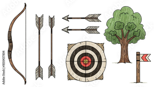 Set of archery and outdoor elements including a bow, arrows, target, tree, and directional sign