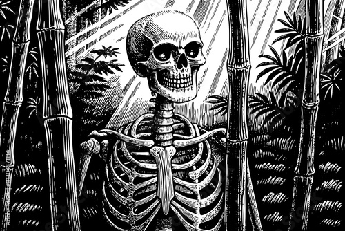 skeleton stands among tall green bamboo stalks with filtered sunlight black and white, soft forest shadows, and cool gentle wind
