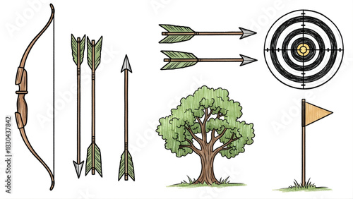 Archery sport equipment set with a bow, arrows, target, tree, and a flag marker for outdoor practice or recreation concepts