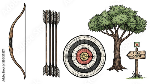 A comprehensive set of hand-drawn illustrations featuring essential archery equipment like a bow, arrows, and a target for outdoor sport and recreation