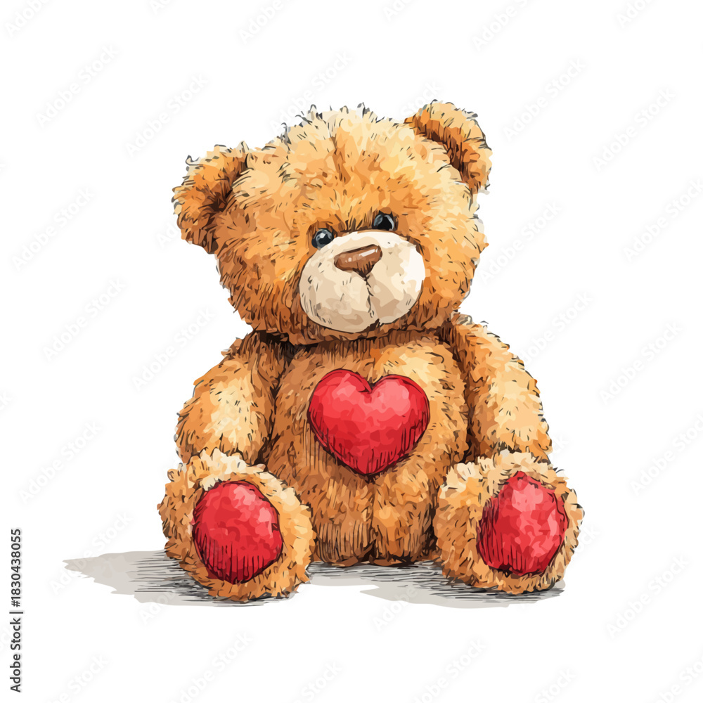 Obraz premium Artistic isometric watercolor image of Valentines Teddy Bear, isolated on a white surface.