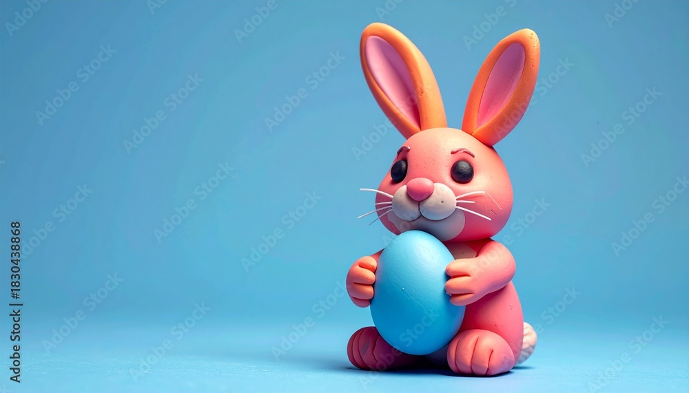 Fototapeta premium Colorful bunny with an egg sits against a blue background, perfect for springtime celebrations and decorations