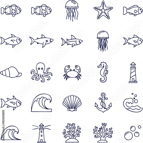 Charming ocean life line art set for nautical themes and children's designs perfect for adding a playful touch to any creative project