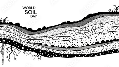 Black and white illustration of soil layers and horizons with roots, depicting a cross-section of the earth for World Soil Day.