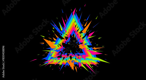 A dynamic and vibrant abstract triangle bursts with a colorful glitch effect, creating an energetic and modern digital art piece on a stark black background.