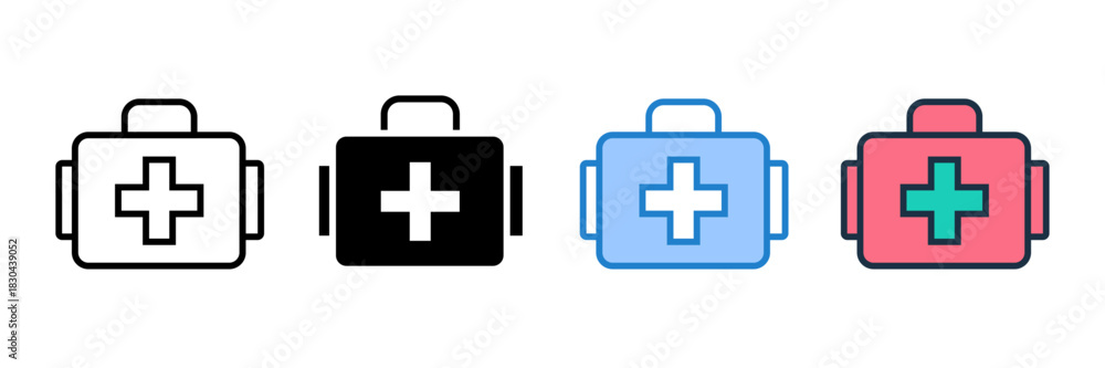 Obraz premium Set of first aid kit icons with transparent background, depicting emergency health and medical supplies, user interface elements, and essential safety items, vector illustration 