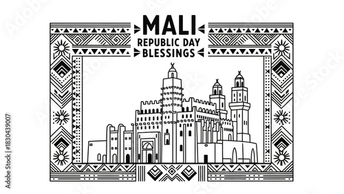 Black and white illustration celebrating Mali Republic Day with traditional architecture and intricate geometric patterns.