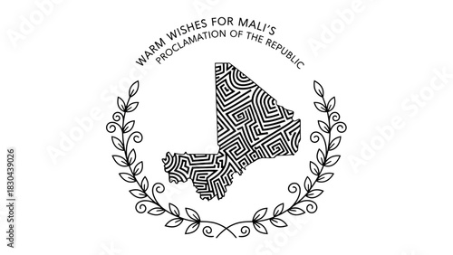 Black and white illustration commemorating Mali's Republic Proclamation with a patterned map inside a laurel wreath.