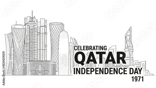 Line art illustration celebrating Qatar Independence Day 1971 with a skyline of modern Doha skyscrapers.