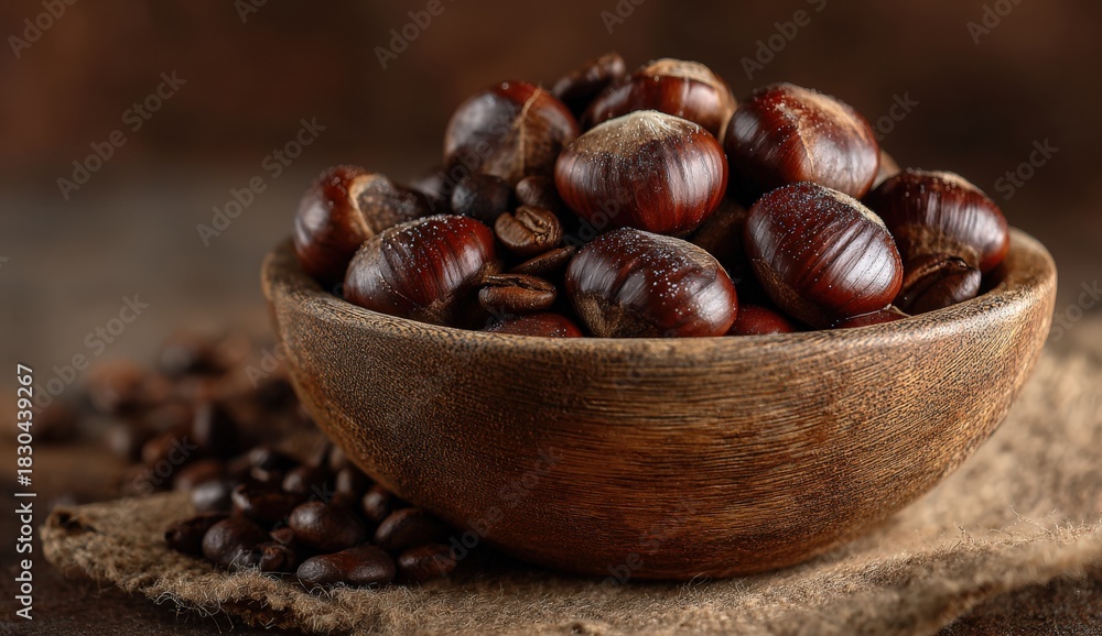 Fototapeta premium Chestnuts and coffee beans arranged in a rustic wooden bowl on a textured burlap surface, showcasing natural elements and warm tones in a cozy setting
