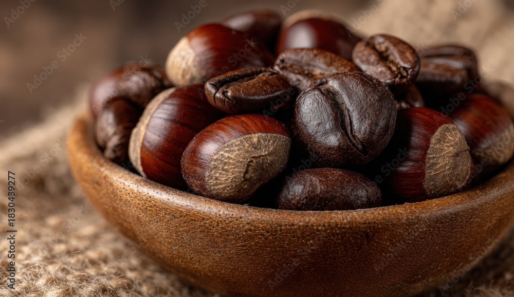 Obraz premium Close-up of roasted coffee beans and chestnuts in a wooden bowl on a textured fabric surface, showcasing rich colors and natural elements for culinary inspiration