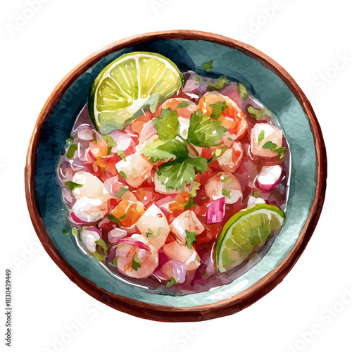 Ceviche illustrated in isometric watercolor style, isolated on white.
