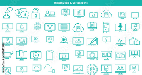A collection of outlined digital media and screen icons representing various online activities and computer interactions