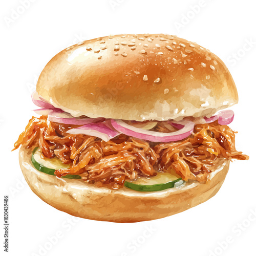 Artistic isometric watercolor image of Pulled Pork Sandwich, isolated on a white surface.