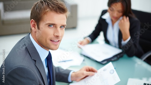 Wallpaper Mural Financial advisor client meeting discusses investments in a modern office. Torontodigital.ca