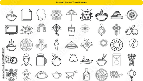 A rich collection of Asian culture and travel line art icons showcasing traditional elements and experiences