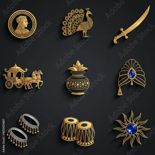 Royal Indian Wedding and Cultural Symbols Set Golden Outline Icons on Black Background