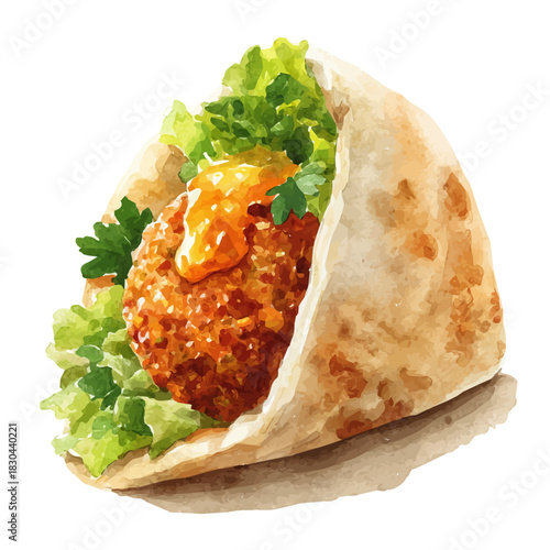 Watercolor isometric artwork featuring Falafel, presented on white background.