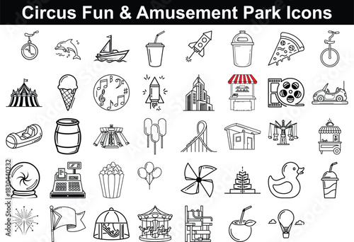 Comprehensive collection of circus and amusement park outline icons for fun themed graphic design projects