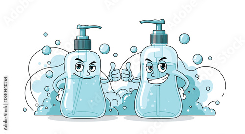 Two friendly cartoon liquid soap dispensers, one with a confident pose and the other giving a happy thumbs-up, stand in a bubbly environment, promoting good hygiene.
