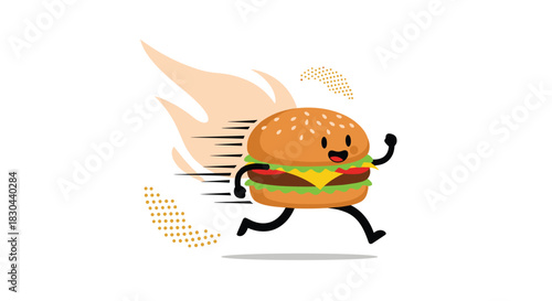 A cute and cheerful cartoon hamburger with arms and legs joyfully dashes forward, surrounded by dynamic speed lines and abstract elements, symbolizing fast delivery and deliciousness.